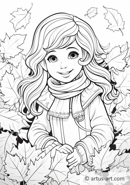 Página para colorear: Niña jugando en un montón de hojas